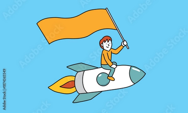 Obraz 旗を掲げてロケットに乗って飛び立つ成長と挑戦のイメージ