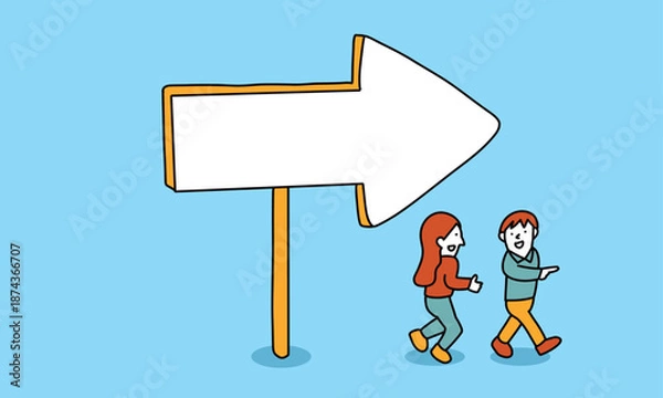 Obraz 矢印の看板が示す方向へ歩いていく男女のイラスト
