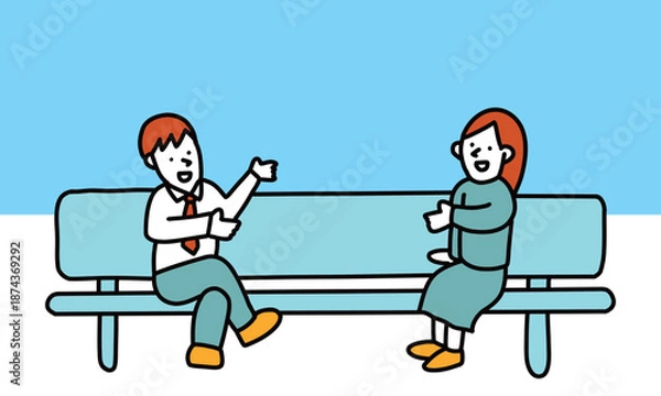 Obraz 長いベンチの端に座って話し合う男性と女性のイラスト