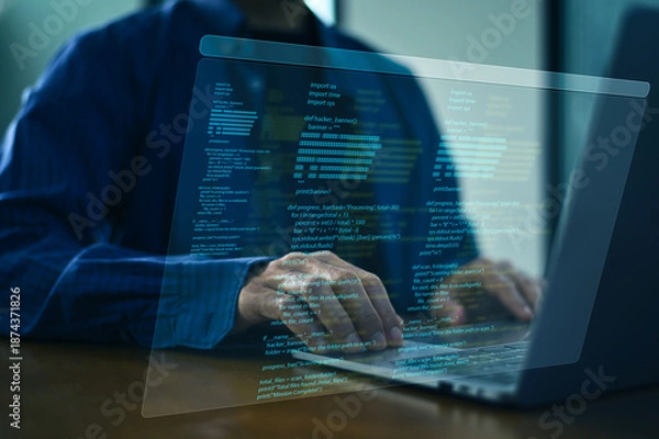 Obraz Professional programmer coding modern software using advanced digital technology in a high-tech workspace. Concept of software development, programming, coding, innovation digital business