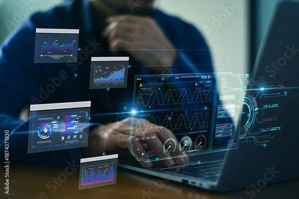 Obraz Modern data scientist working on artificial intelligence interface with real-time coding, algorithm optimization, and data-driven decision making.