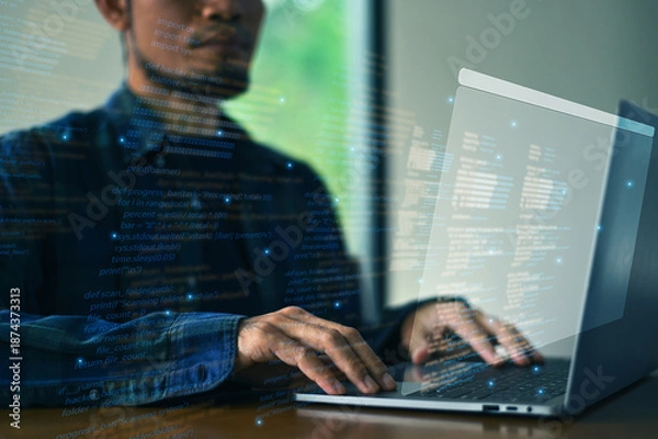 Obraz Professional programmer coding modern software using advanced digital technology in a high-tech workspace. Concept of software development, programming, coding, innovation digital business