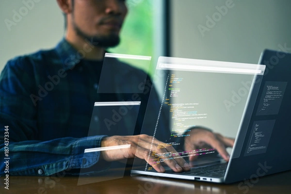 Obraz IT Information Technology. Developer presenting IT upgrade plan in modern office.