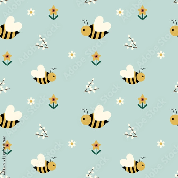 Obraz Spring seamless pattern with bees and flowers. Delicate spring background