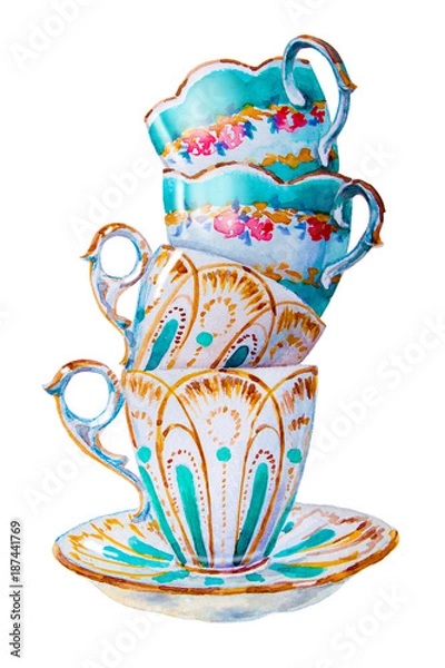 Obraz Party colorful tea cups and saucers closeup. Sketch handmade. Postcard for Valentine's Day. Watercolor illustration.
