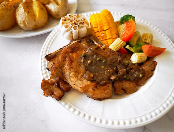 Obraz Pork chop steak with mixed vegetables