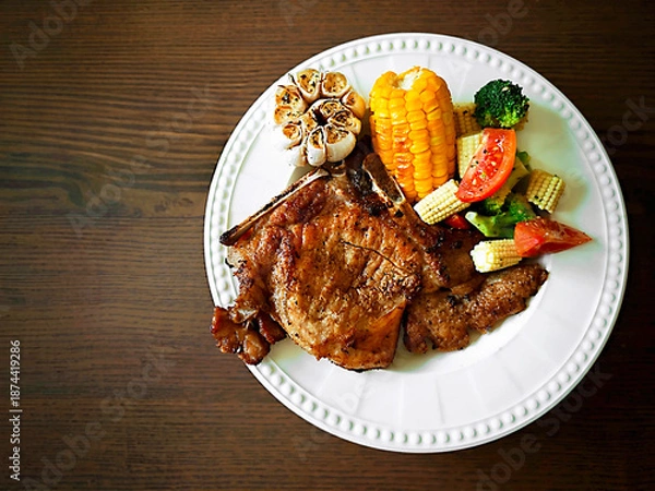 Obraz Pork chop steak with mixed vegetables