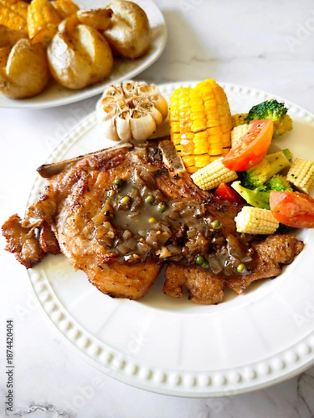 Obraz Pork chop steak with mixed vegetables