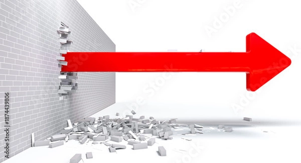 Obraz Red arrow breaking brick wall 3d