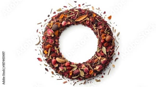 Obraz Herbal tea blend in a circular pattern on white background