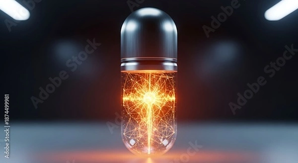Obraz Glowing capsule with energy inside on dark background