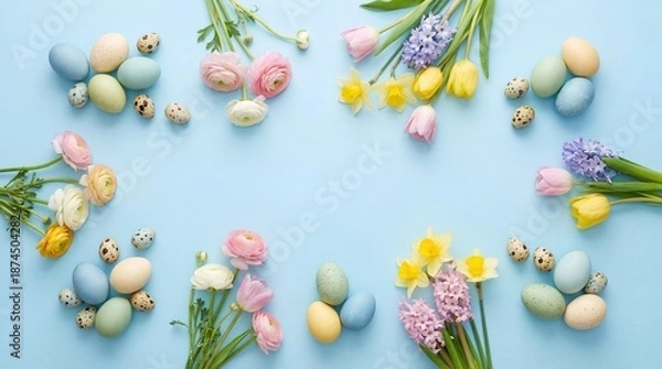 Obraz Easter Eggs and Spring Flowers Frame on Blue Background Flat Lay