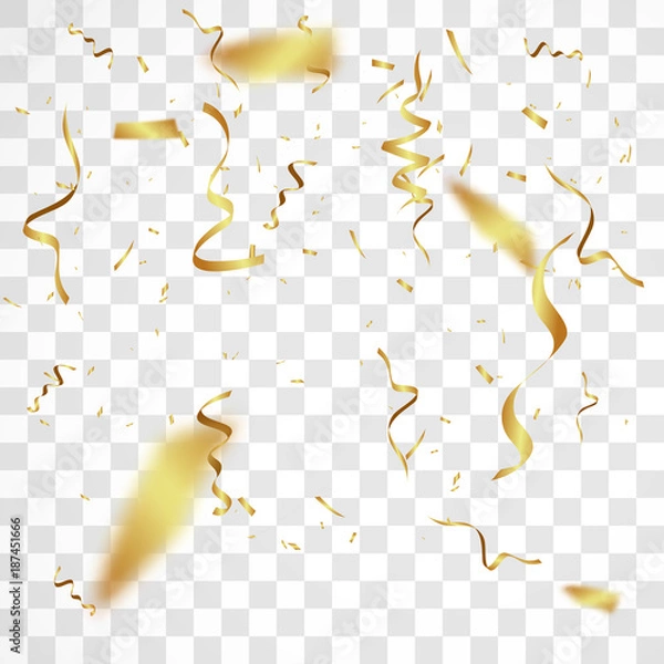 Fototapeta The realistic drop of  shiny confetti glitters in gold. New Year, birthday, design element of the Valentine's Day. Holiday design on a transparent background.