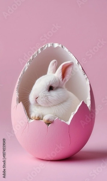 Obraz Easter bunny in an eggshell on a pastel backgraund. Gentle spring composition symbolizing Easter.