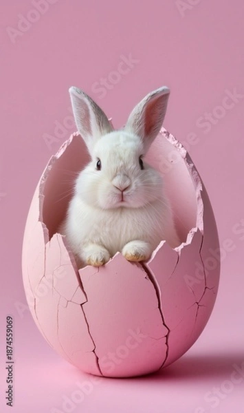 Obraz Easter bunny in an eggshell on a pastel backgraund. Gentle spring composition symbolizing Easter.