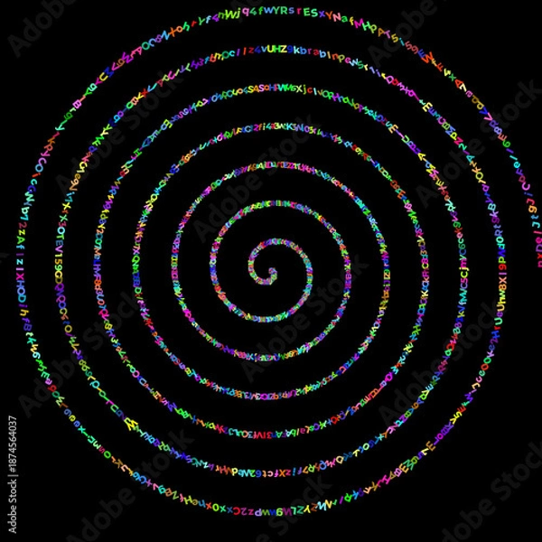 Obraz colorful spiral text pattern on dark black background