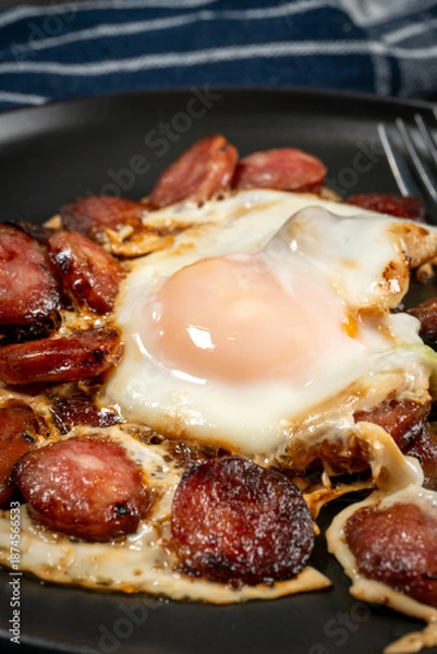 Obraz Fried egg and sliced sausage.