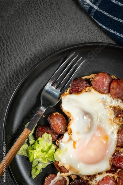 Obraz Fried egg and sliced sausage.