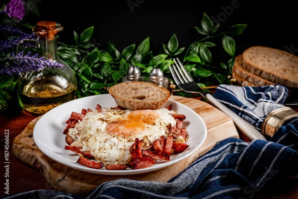 Obraz Fried egg and sliced sausage.