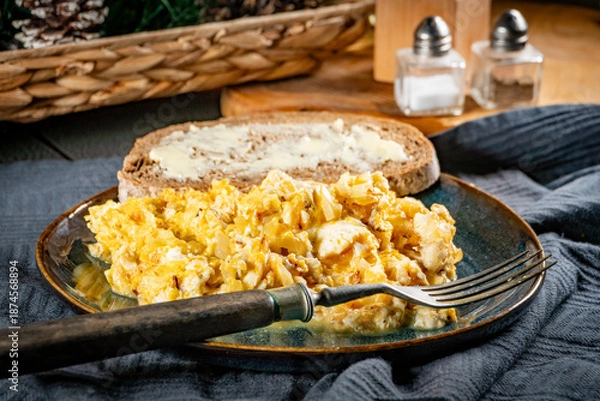 Obraz Scrambled eggs with onion.