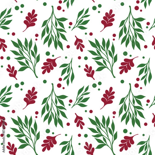 Obraz Festive Red & Green Leaf Seamless Pattern — Elegant Botanical Vector Background