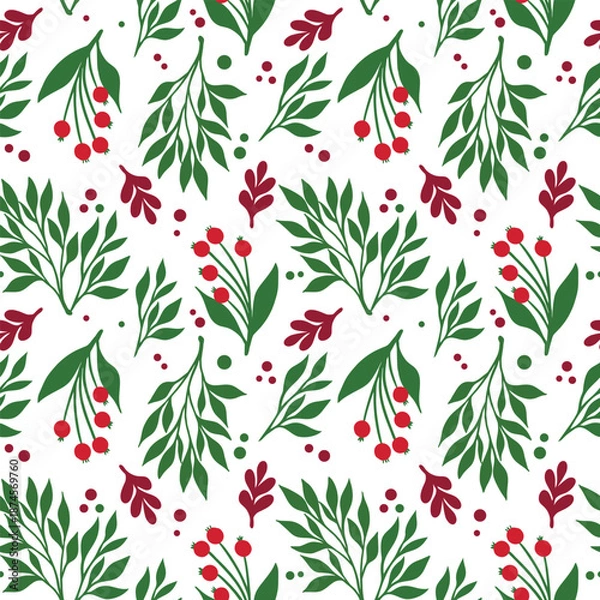 Obraz Festive Red Berries & Green Foliage Seamless Pattern — Elegant Vector Background