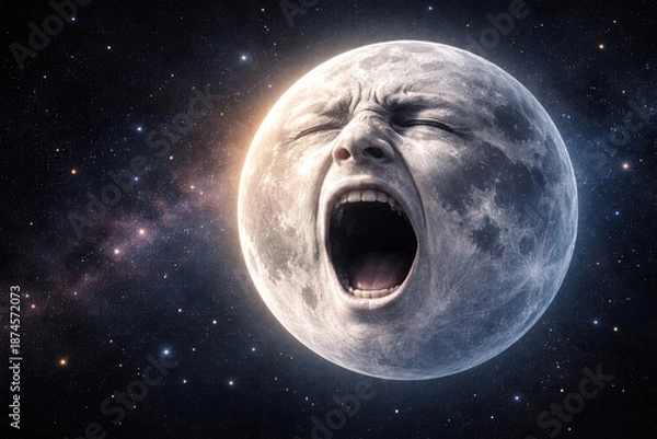 Obraz A moon with a human face, screaming in boundless space.