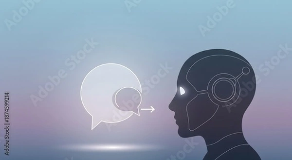 Obraz Artificial intelligence chatbot processing communication input concept illustration featuring a robot head silhouette and overlapping speech bubbles on a gradient background.