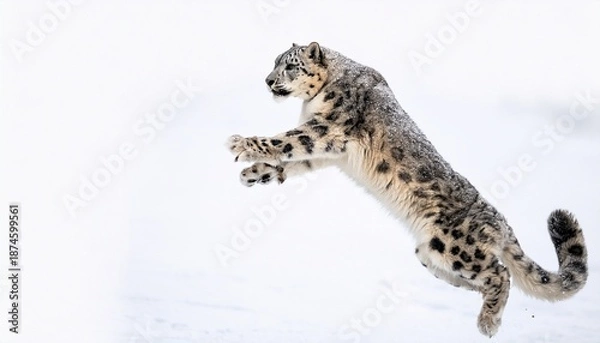 Obraz snow leopard jumping mid air white background
