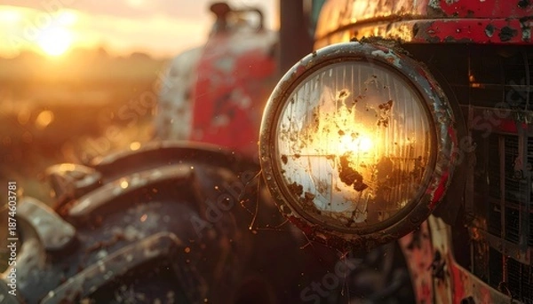 Obraz Old rusty tractor headlamp shining at sunset
