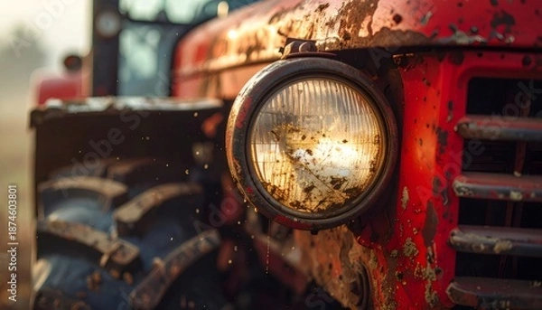 Obraz Old red tractor headlight covered in mud