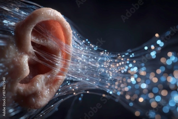 Obraz Human Ear Connected to Flowing Digital Data Streams Representing Communication