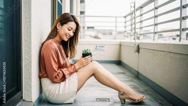 Obraz ベランダで多肉植物の鉢植えを持って微笑む若い女性