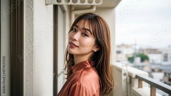Obraz ベランダで振り返りこちらを見つめる美しい女性