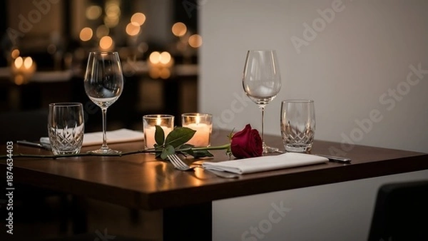 Obraz Fine dining table for two with rose and burning candles