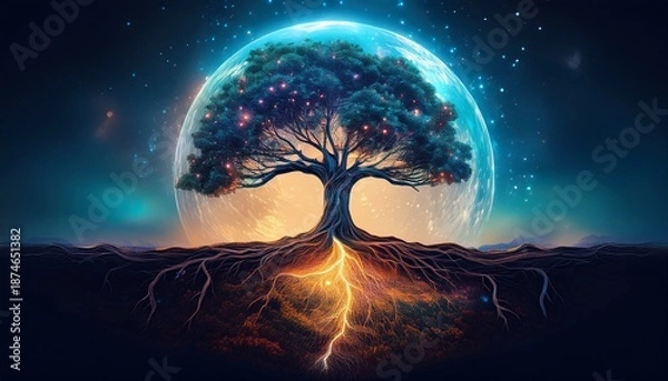 Obraz lonely tree glowing roots earth split