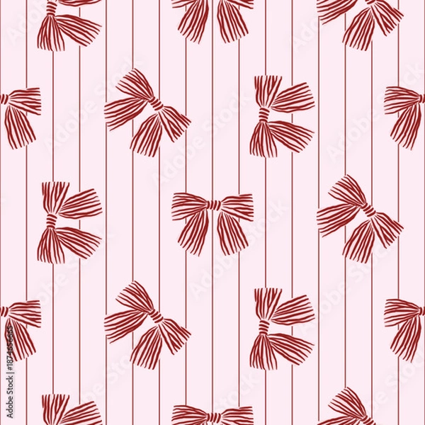 Fototapeta Vector coquette bow pattern with tiny stripes. Red seamless elegant ribbon pattern. Vector preppy pattern