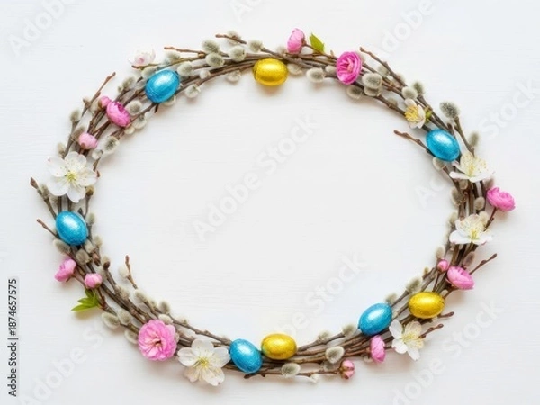 Obraz Oval frame composition with spring flowers and easter wreath.