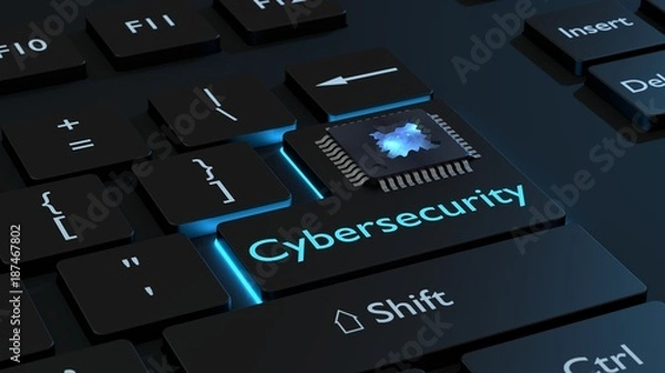 Fototapeta Cracked open CPU on the enter key of a black keyboard with the word cybersecurity