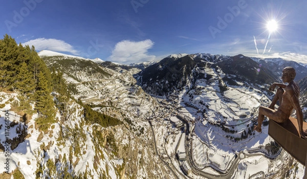 Fototapeta Village of Canillo panoramic view from observation deck, in Roc Del Quer trekking trail. Andorra.