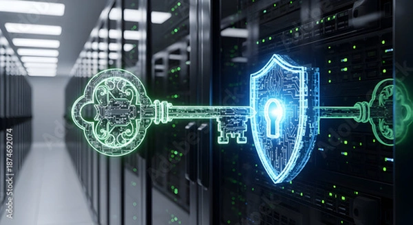 Obraz Digital Key and Shield Protecting Server Racks in a Data Center.