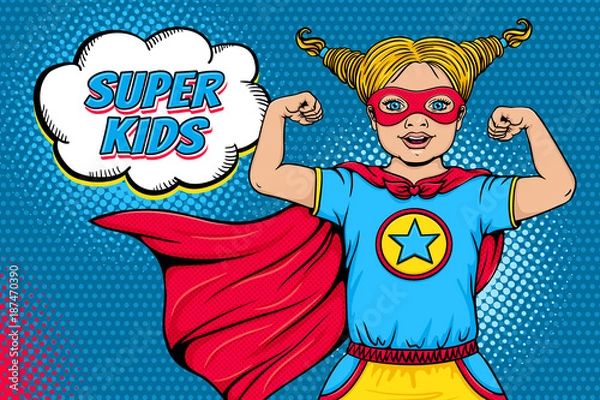Fototapeta Wow twarz. Śliczna, zaskoczona blondyneczka ubrana jak superbohater z otwartymi ustami pokazuje swoją moc i dymek Super Kids. Ilustracja wektorowa w komiks stylu retro pop art. Plakat z zaproszeniem.
