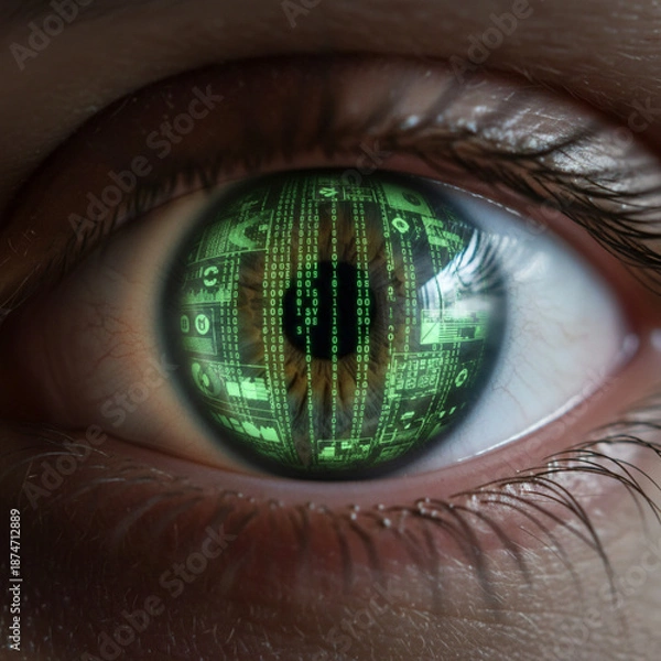 Obraz Macro shot of human eye with digital data code reflection, cyber technology and matrix concept