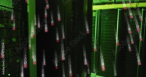 Obraz Bathing server racks in green light in server room showing vented doors, cables, falling binary