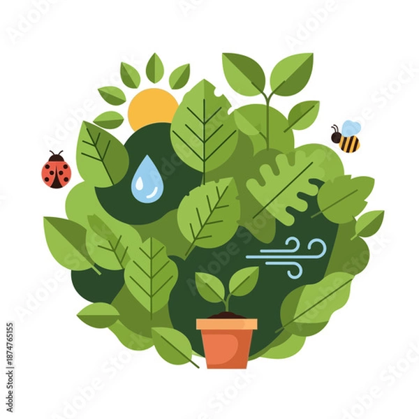 Obraz Nature elements sphere with leaves, sun, water drop, bee, ladybug, wind