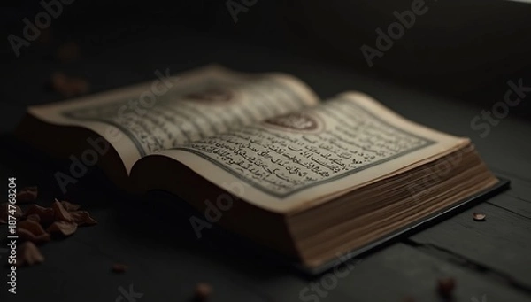 Obraz Open Quran book with Arabic script on dark surface.
