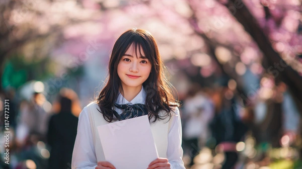 Obraz 桜咲く並木道で未来へ歩み出す卒業生