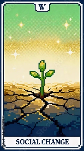 Fototapeta ひび割れた大地から芽生える希望を描いたピクセルアートタロットカード