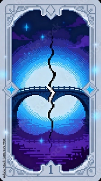 Fototapeta 断たれた橋が社会的分断を示すピクセルアートタロットカード