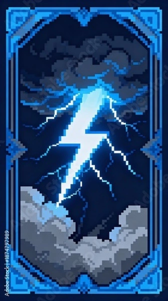 Fototapeta 雷と嵐の猛威を描いたピクセルアートタロットカード